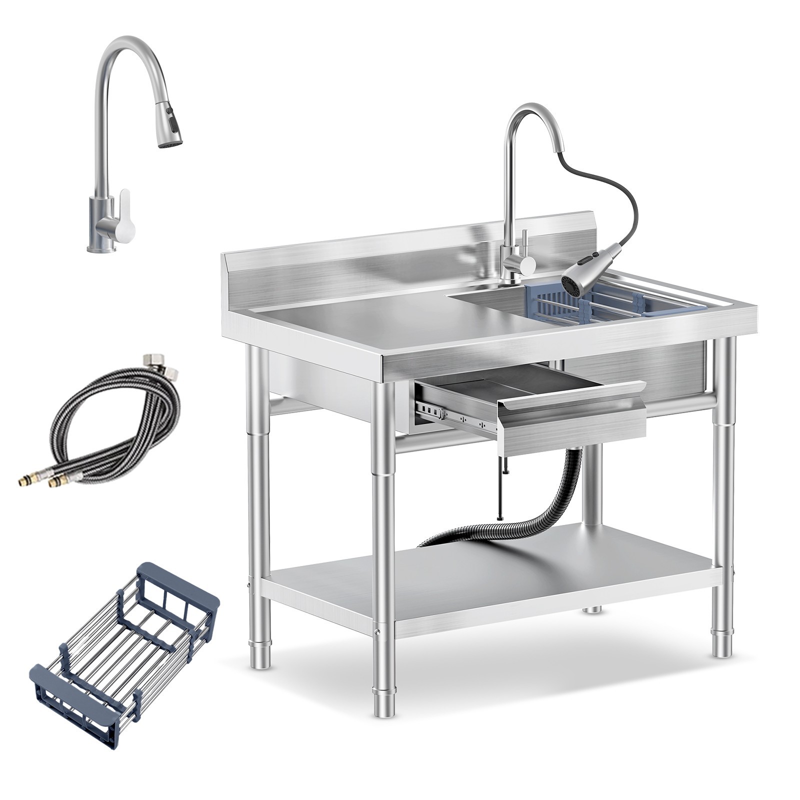 Stainless steel sink with drawer and 360° swivel pull-out spray faucet..
