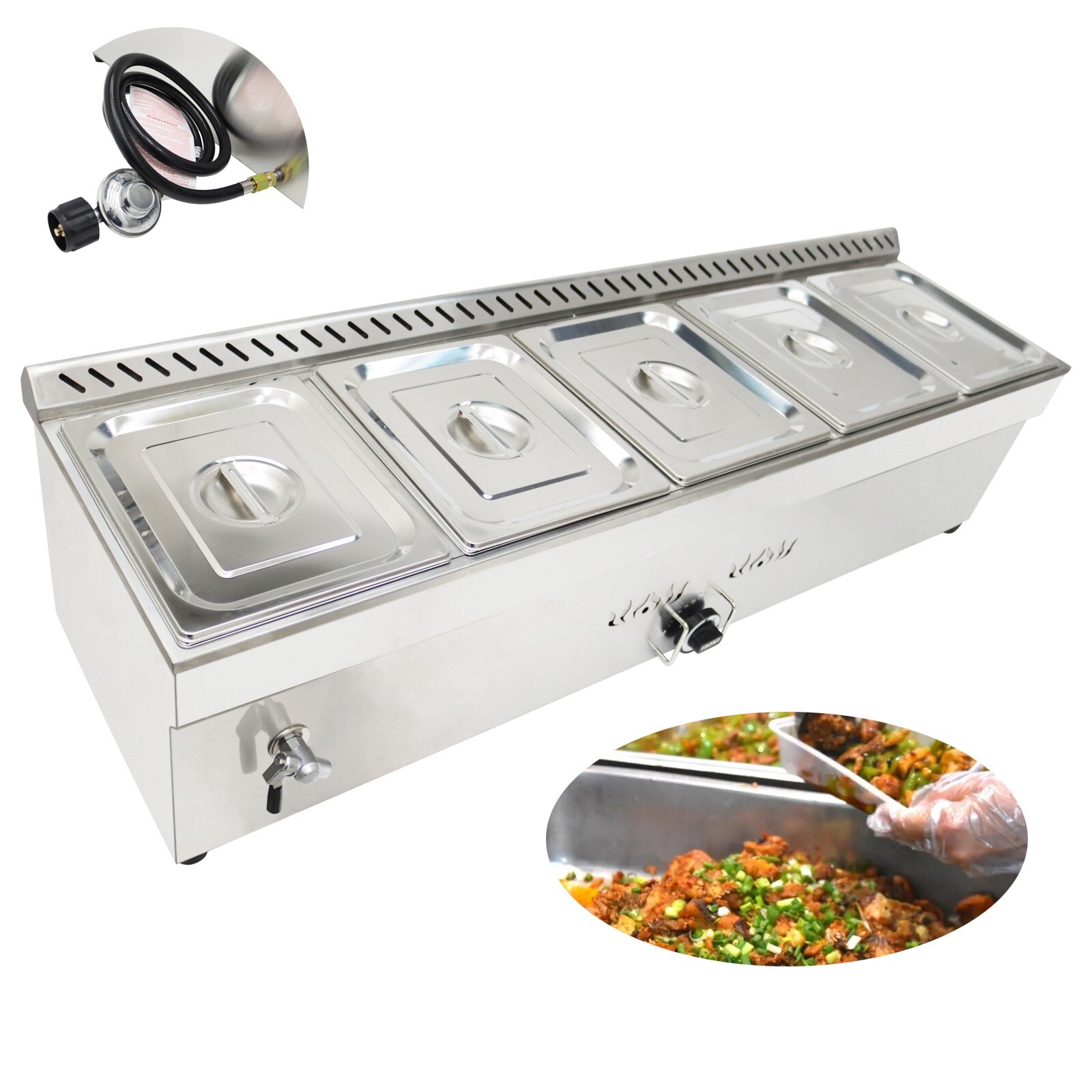 5-Deep Pan Propane Gas Steam Table Food Warmer/LPG Warm Soup Tank Size5*1/2