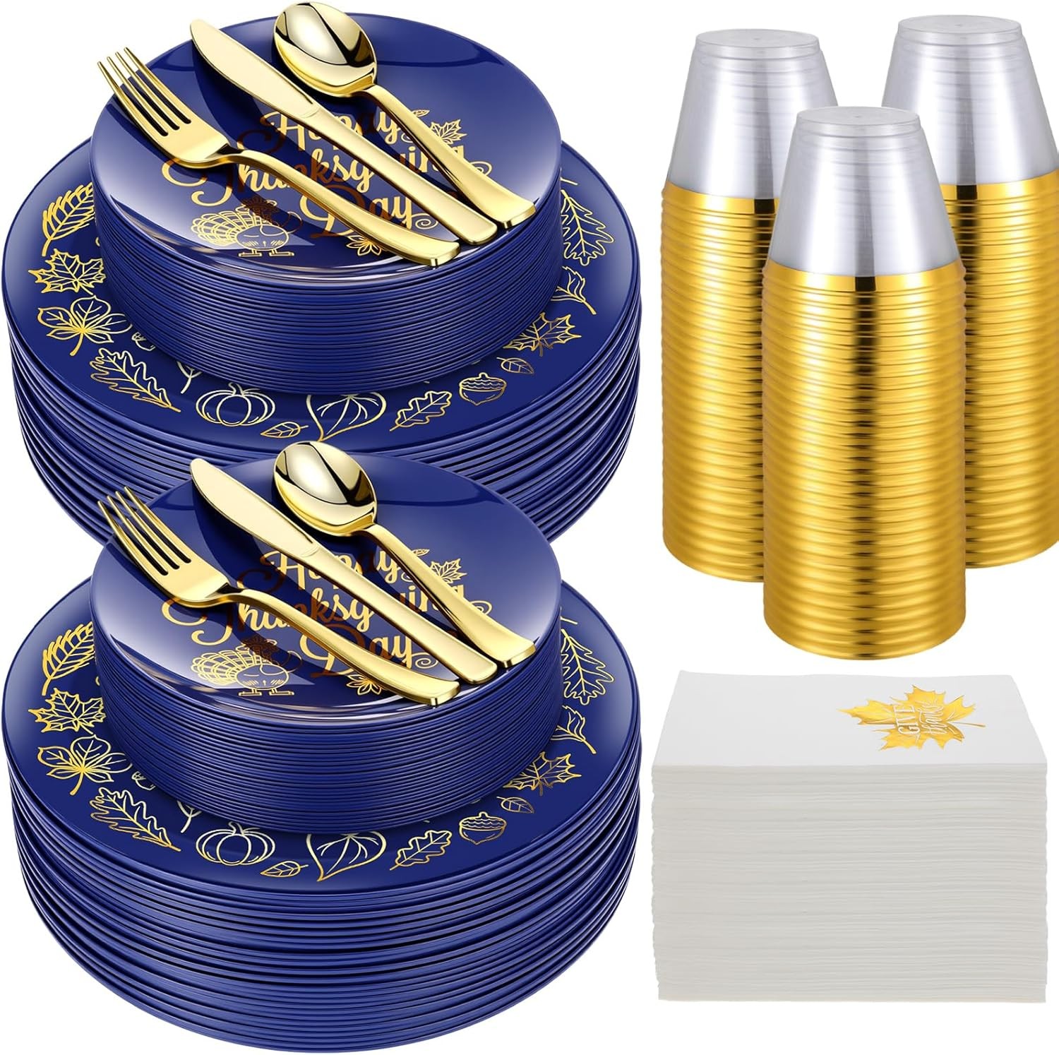 210 Pcs Thanksgiving Dinnerware Sets, Navy Blue Disposable Plates Includes