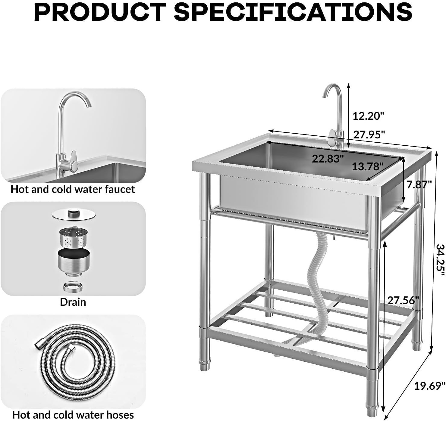 Free Standing Utility Sink Single Bowl Commercial Sink Cold and Hot Water Pipe