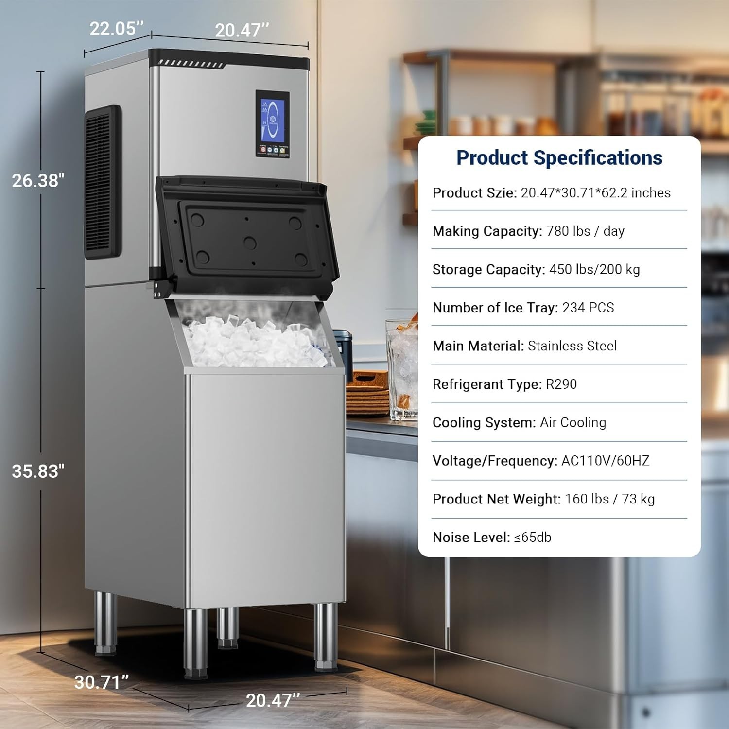 Commercial Ice Maker 780LBS/24H Ice Machine with 450 LBS Storage Ice in 8-15 min