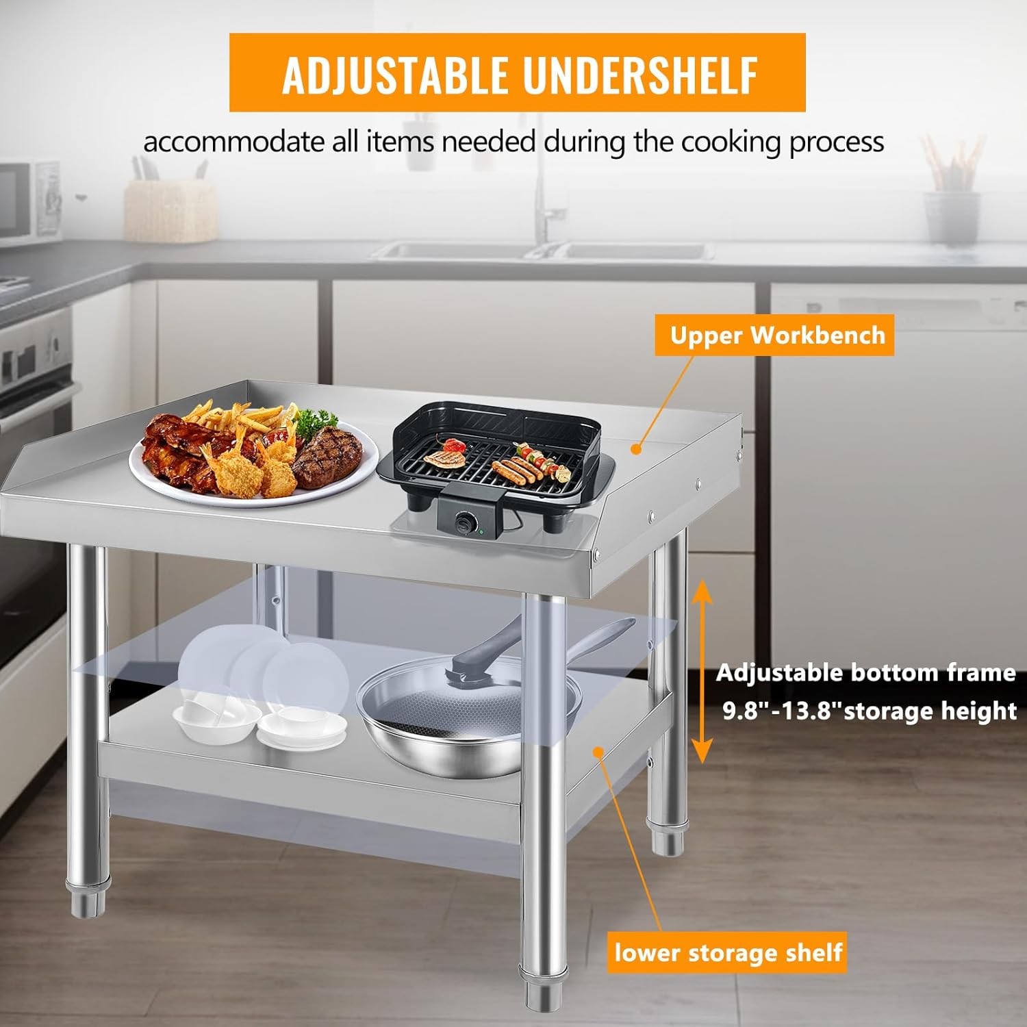 48x30x24in Stainless Steel Grill Stand 600Lbs Equipment Table w/ 2″ Edge Baffle
