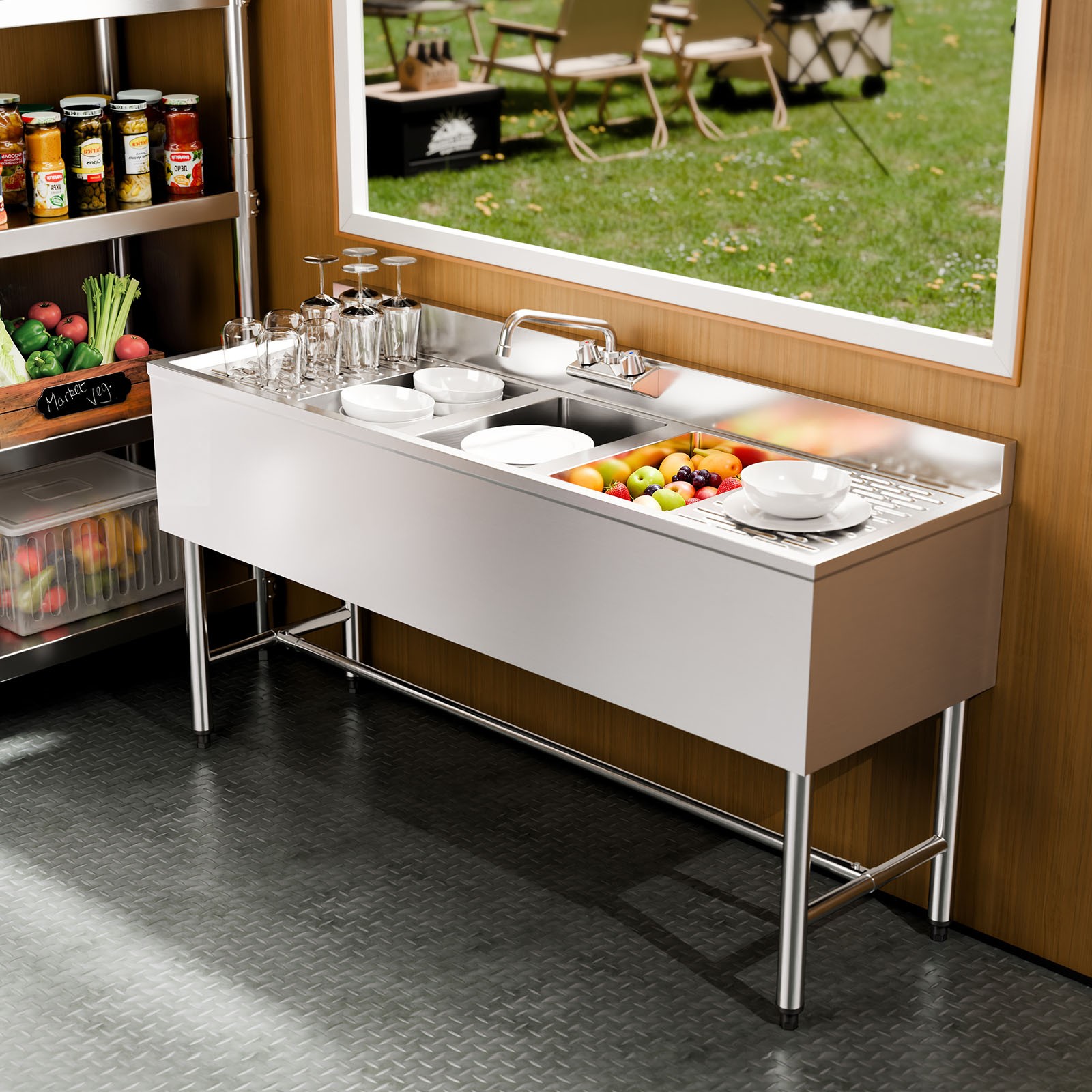 VEVOR 3 Compartment Sink Stainless Steel Commercial Kitchen Under Bar Sink 60″