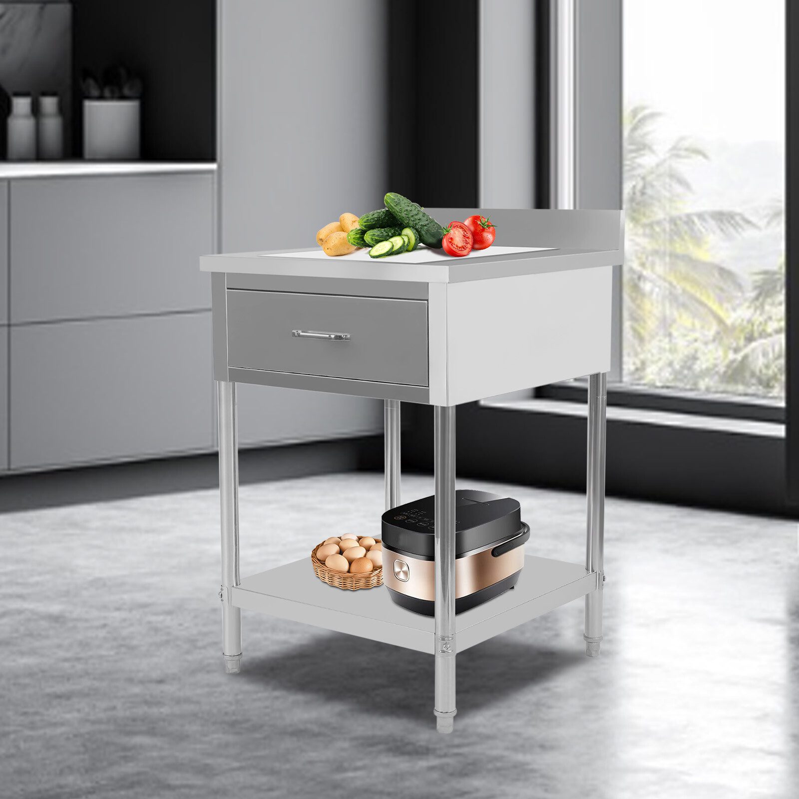 2 Layers Stainless Steel 24″x24″ Kitchen Work Table Food Prep Table With Drawer