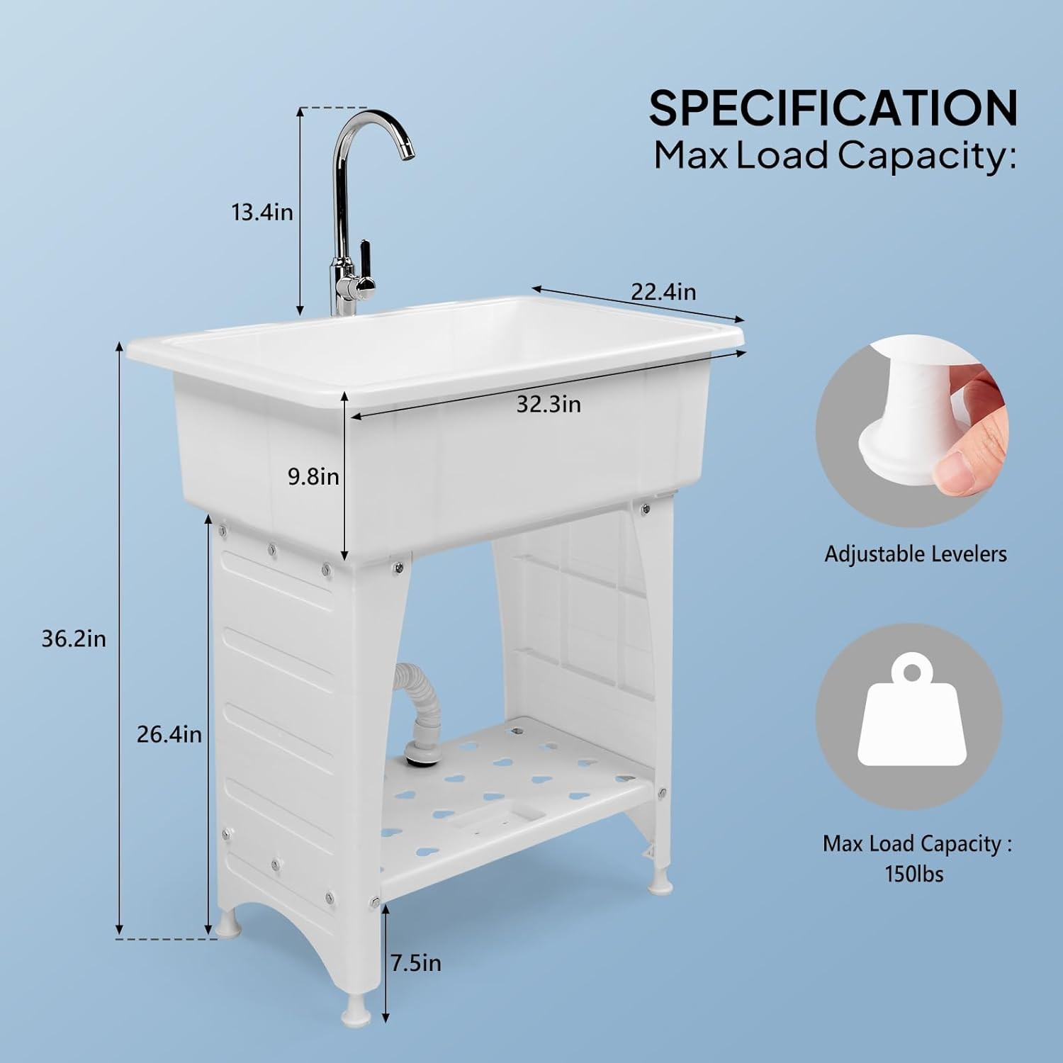Large Utility Sink with Removable Drainboard and Storage Shelf for Pet Bathing