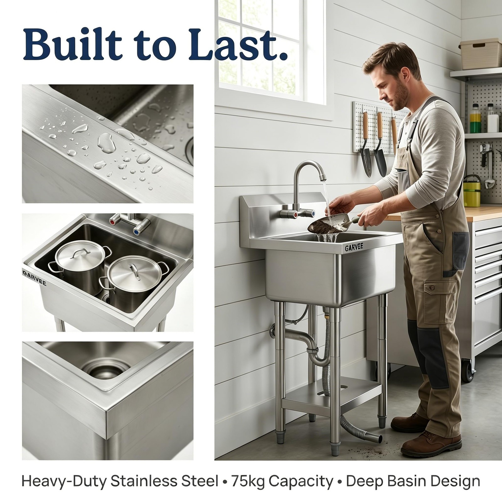 Freestanding Utility Sink, 18″x15″x41″ Stainless Steel Single Bowl Laundry Sink