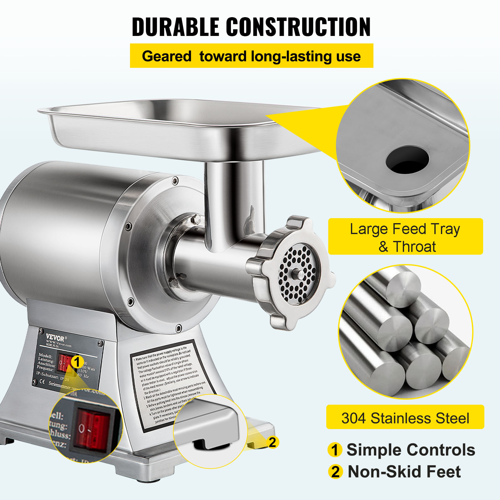 VEVOR 1.5HP Commercial Electric Meat Grinder 1100W Stainless 550lbs/h Heavy Duty