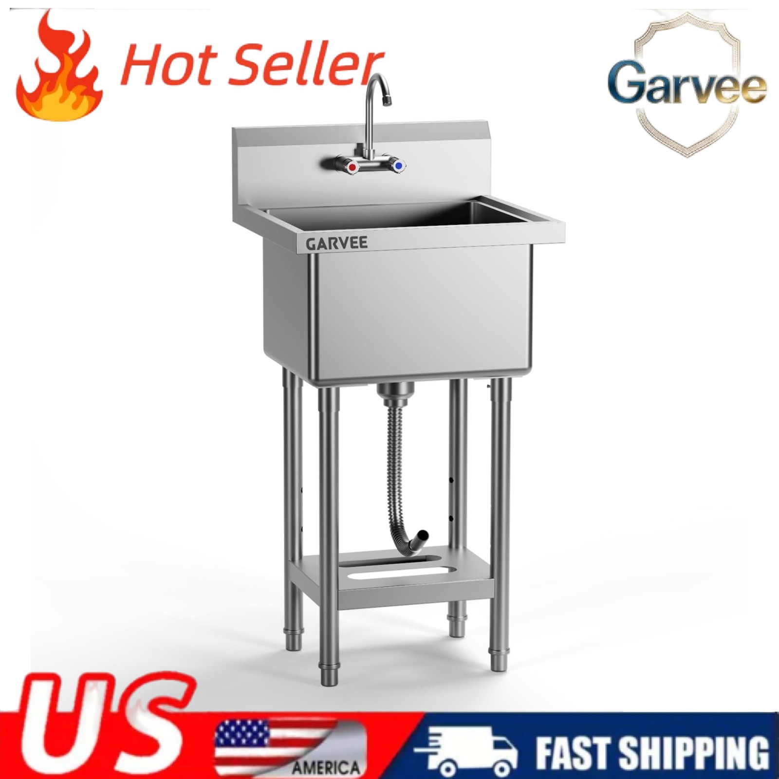 Commercial Stainless Steel Utility Sink Freestanding Single Bowl Kitchen Sink