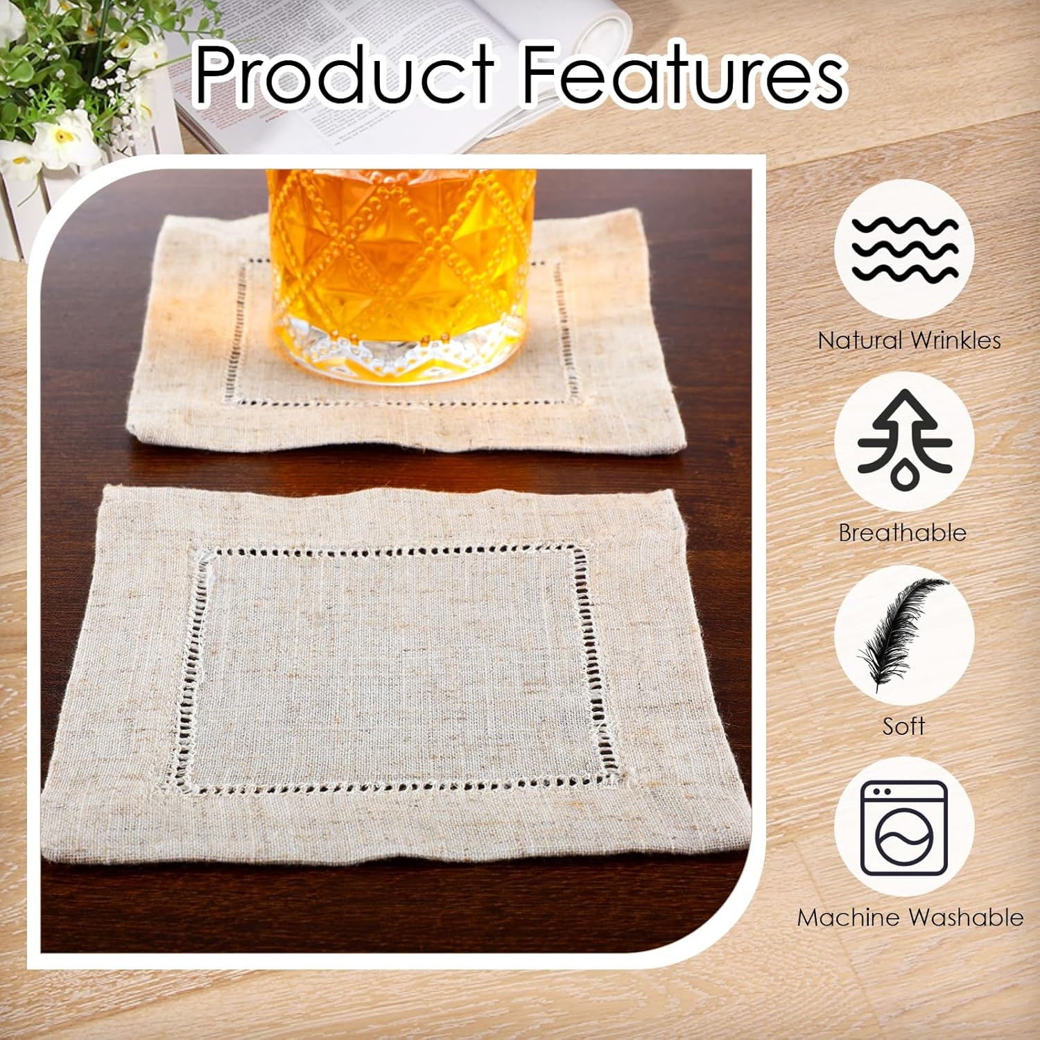 160 Pcs Linen Cocktail Napkins Bulk 6 x 6 Inch Reusable Cloth Hemstitch Fabric