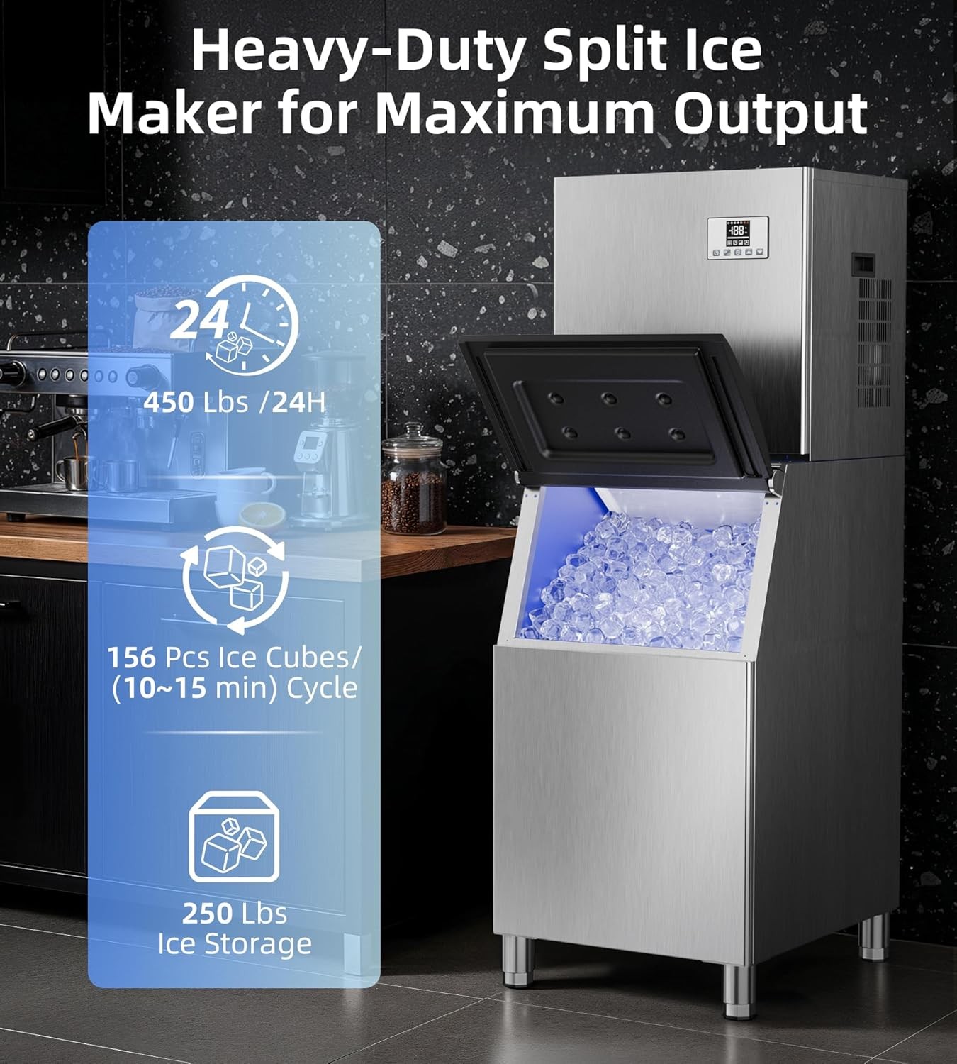 Landeagle Commercial Ice Maker Machine 450Lbs/24H with 250Lbs Storage, Self-Clea