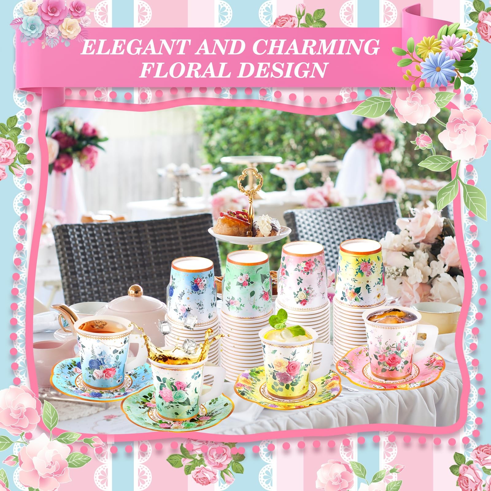 160 Pcs Floral Paper Tea Cups and Saucers 7 OZ Disposable Paper Tea Cups with…