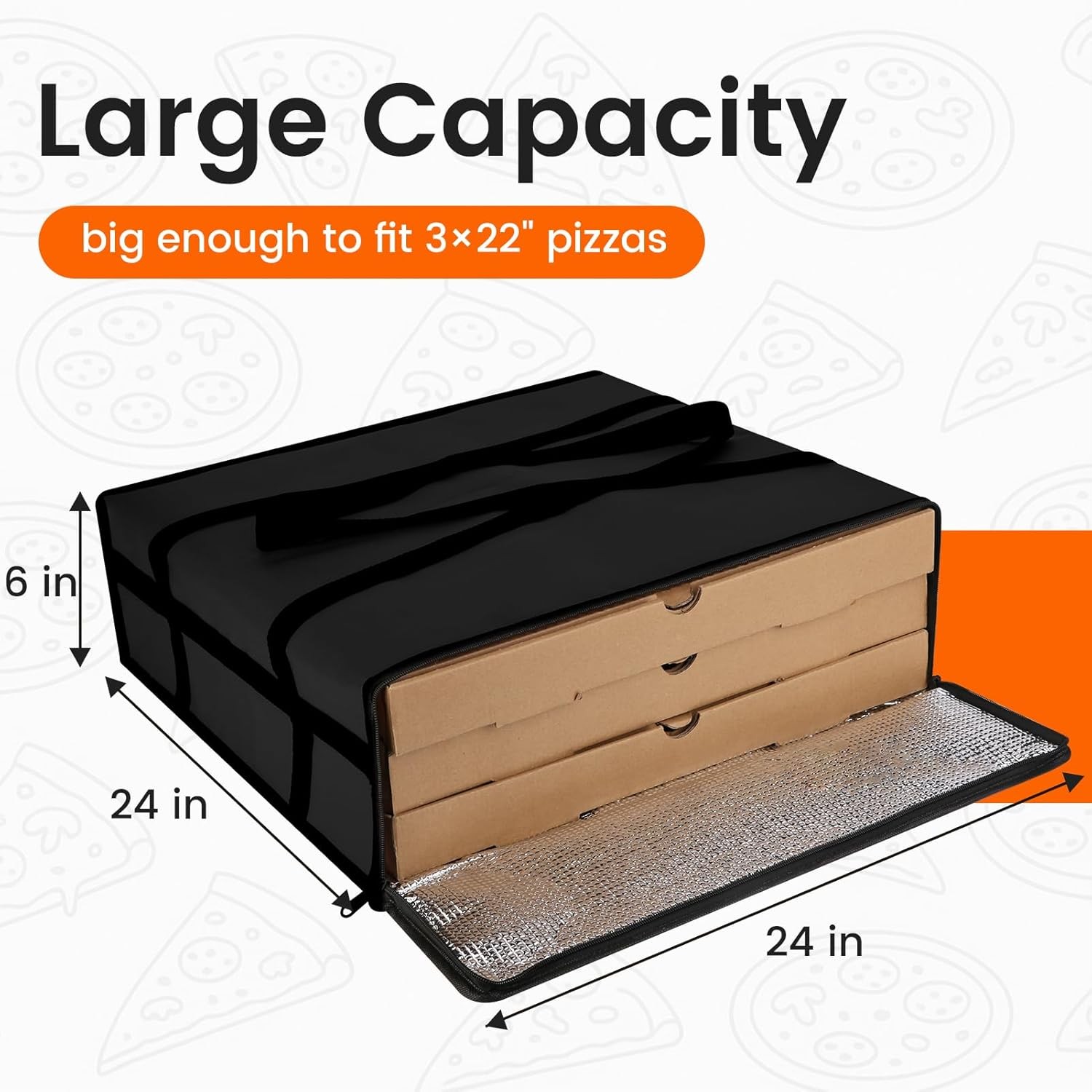 Pizza Bag for Delivery 24″ X 24″ X 6″ Insulated Pizza Delivery Bag Thermal Black