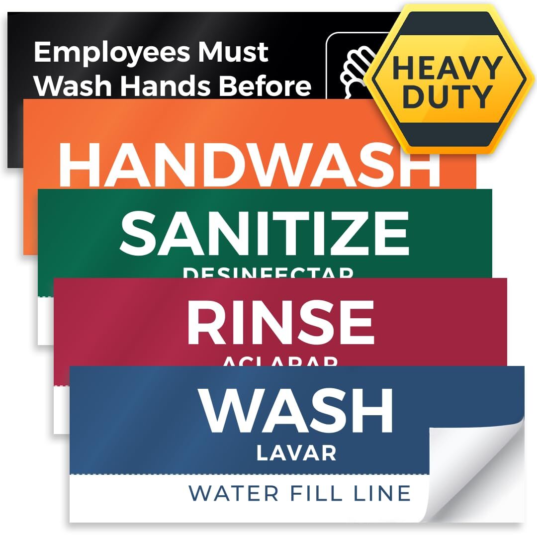 5 Pack Wash Rinse Sanitize Sink Labels Waterproof Sticker Signs 3 Compartment