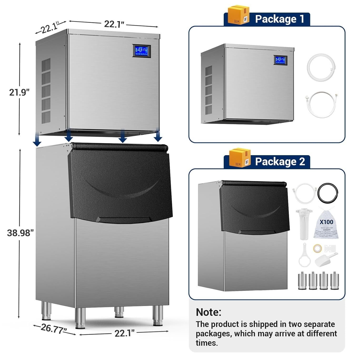 Commercial Ice Maker 550LBS/24H with 350LBS Storage Bin Auto Self-Cleaning