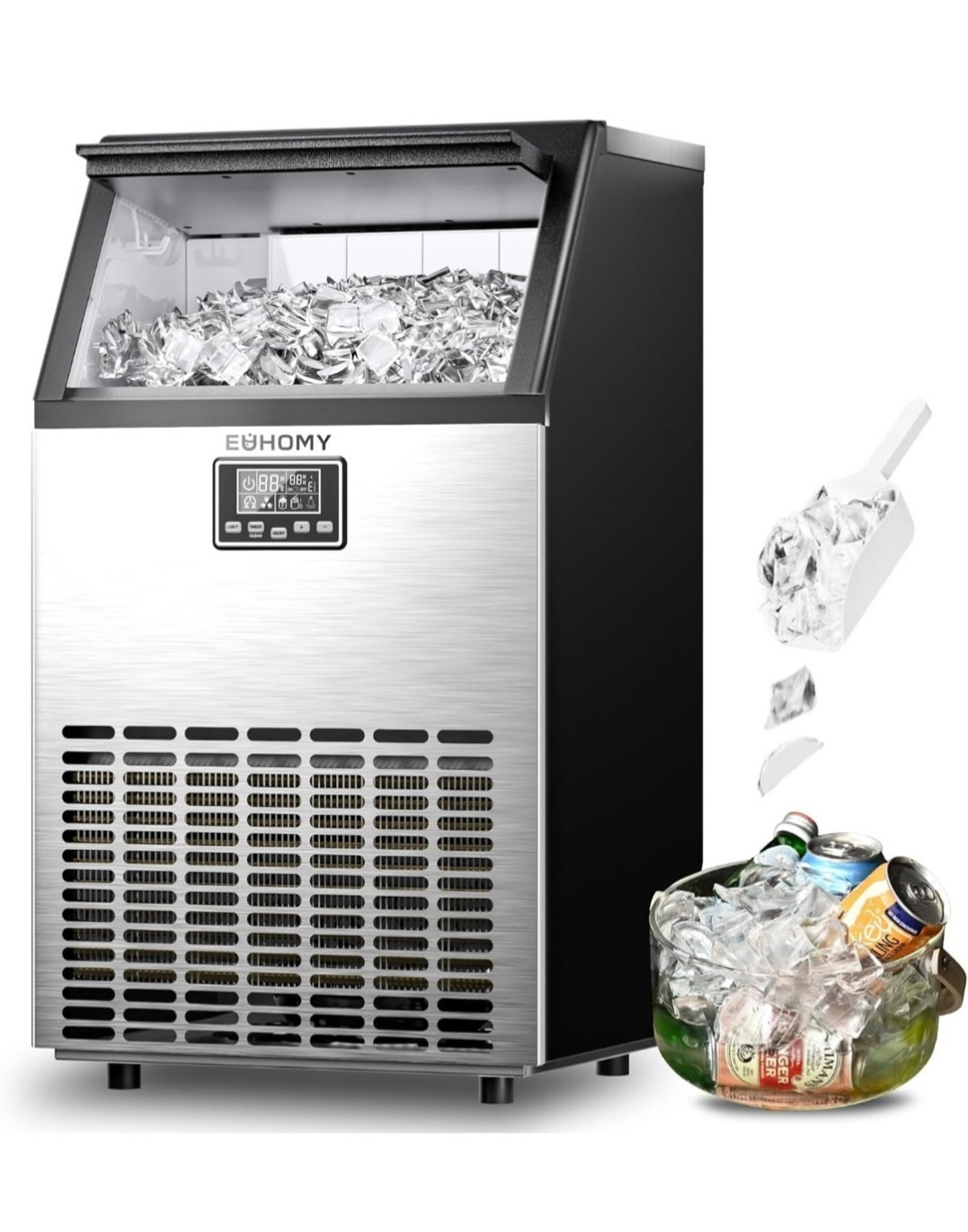 Euhomy Commercial Air Cooled Ice Maker, Full Cube 50-150 lb/Day, Top Hinge