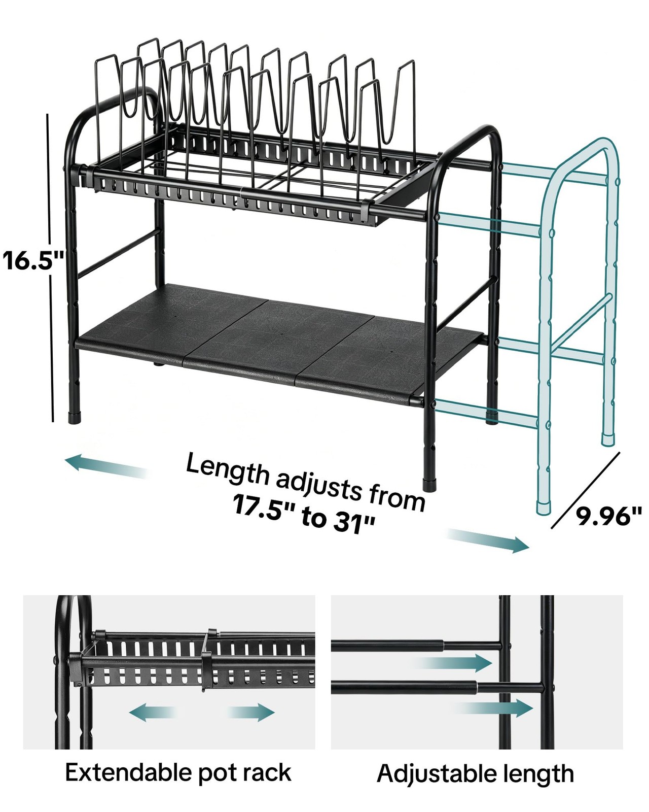 Vosturdy Pots and Pans Organizer Under Cabinet, Expandable 2 Tier Pot Black