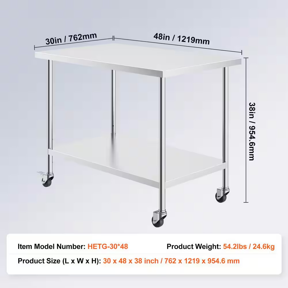 Stainless Steel Work Table 30 X 48 X 38 In., Silver Kitchen Prep Table with 4 Wh