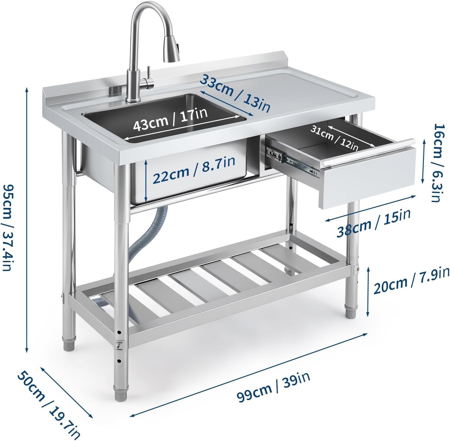 39×19.7×37.4 Inch Stainless Steel Commercial Utility Sink Single Bowl w/ Drawer