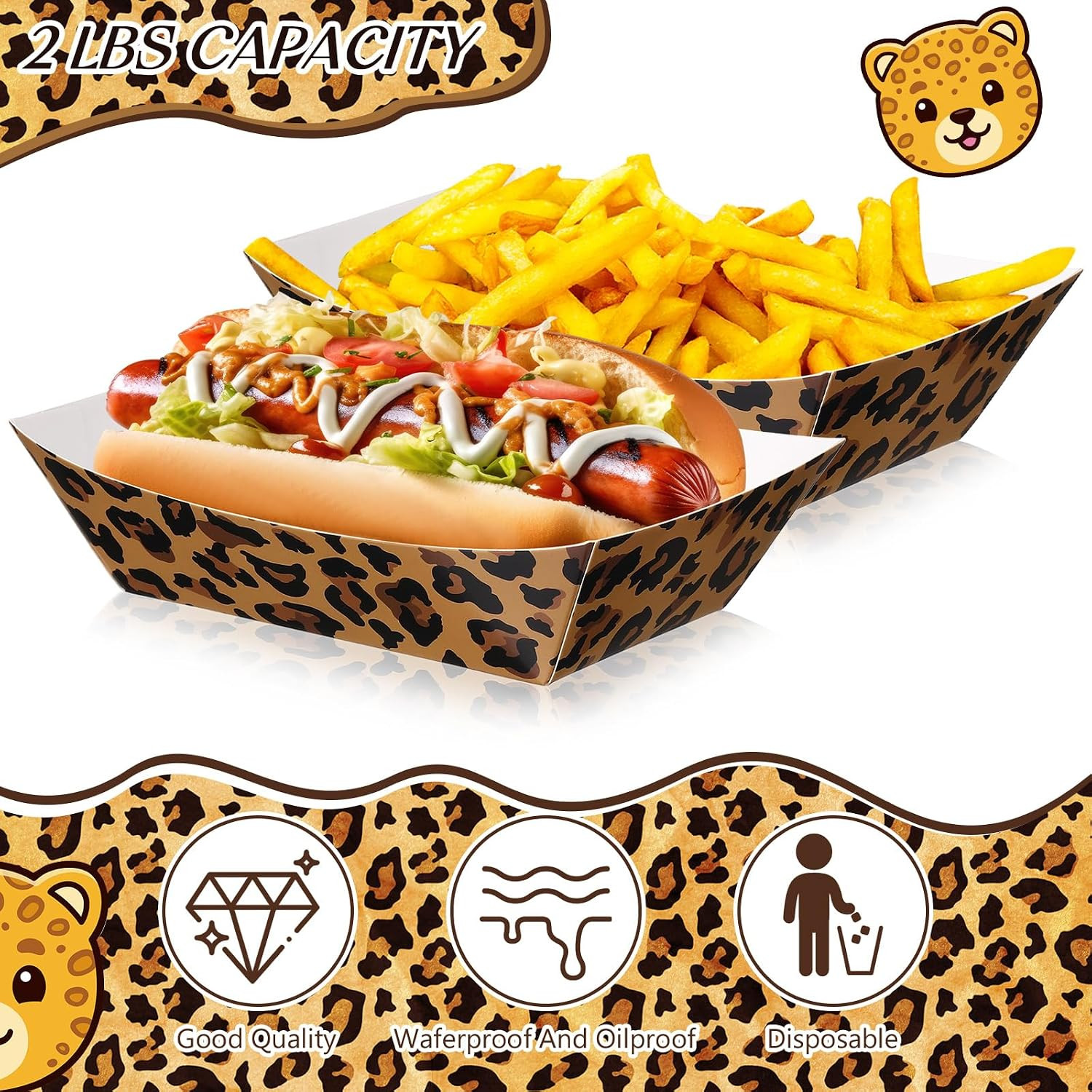 100 Pcs 2Lb Leopard Print Paper Food Trays Boats Jungle Animal Disposable Paper