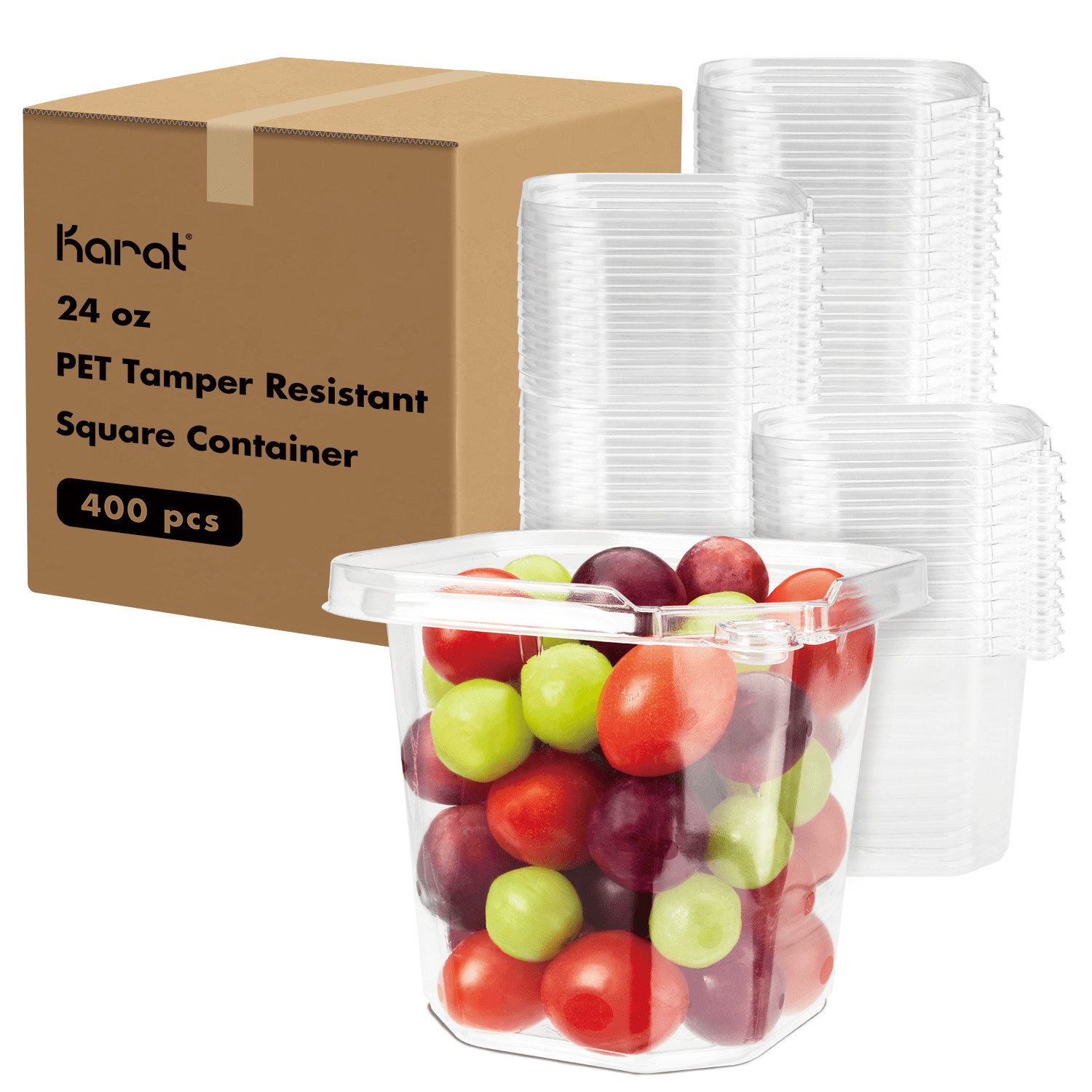 Karat 24oz PET Tamper Resistant Square Container, Clear – 400 pcs, TR-SC24PET