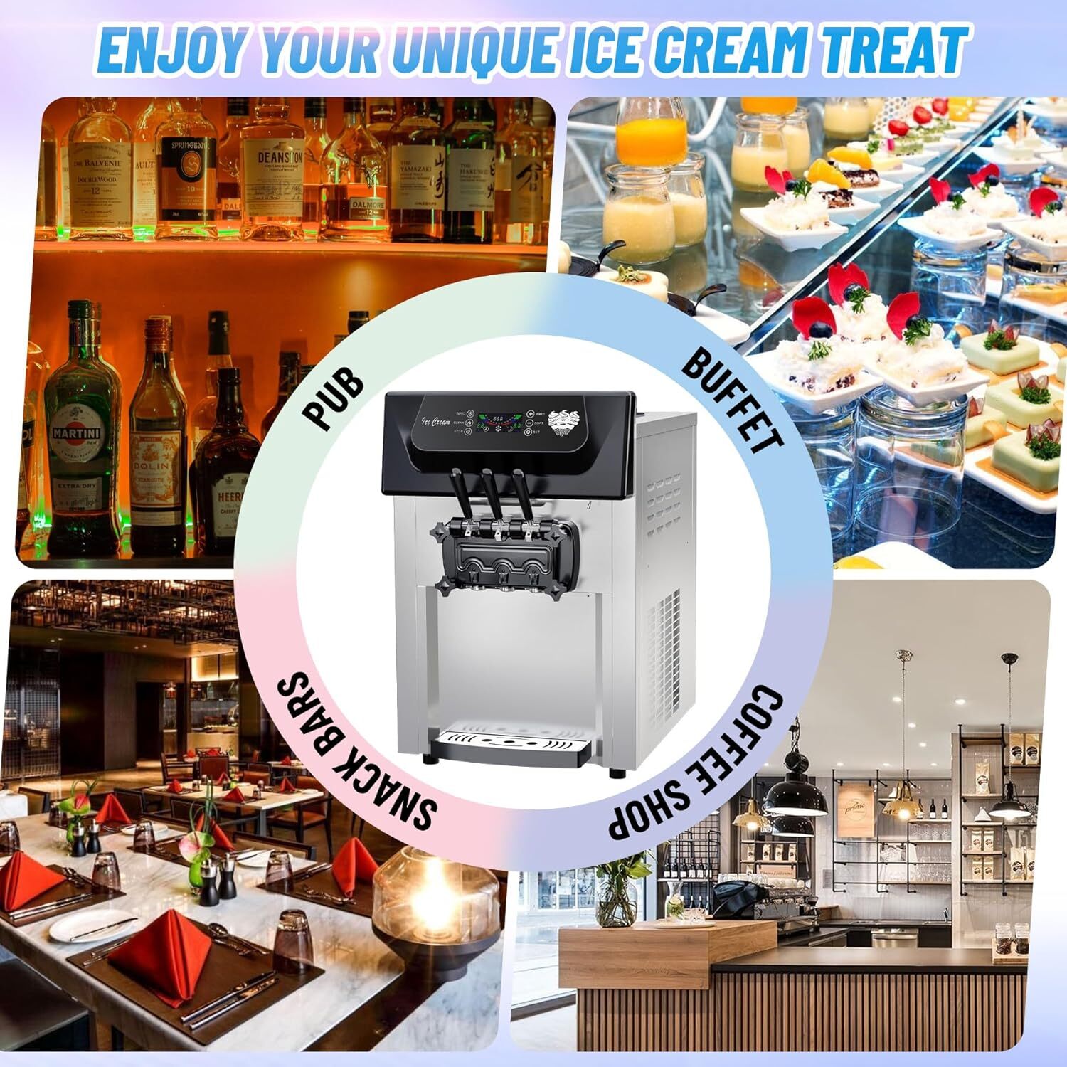 Commercial 2+1 Flavors Soft Ice Cream Maker 5.3-7.4 Gal/Hr W/ Automatic Cleaning