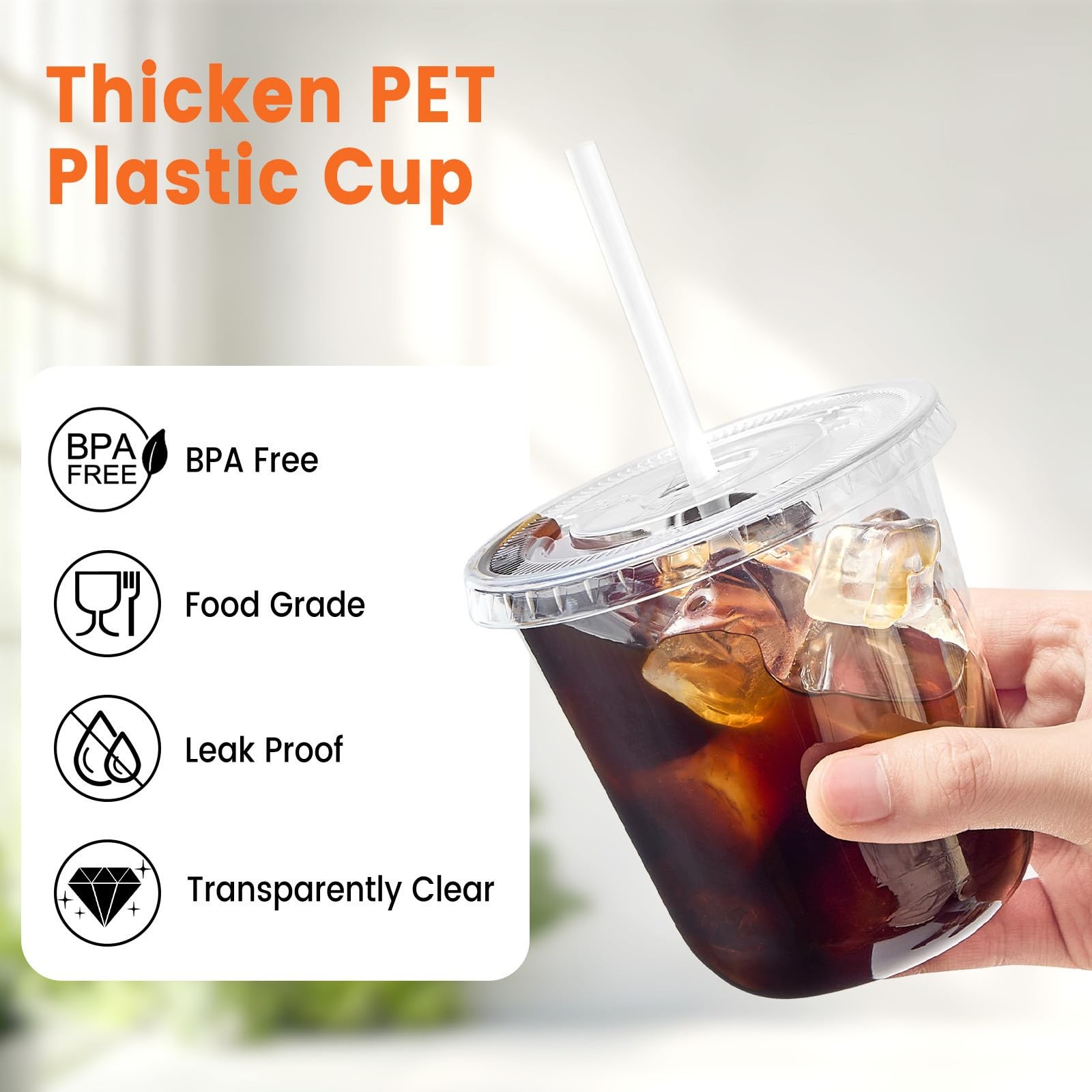 [100 Sets – 12oz Round Bottom Clear Plastic Cups with Lids and Straws, Dispos…