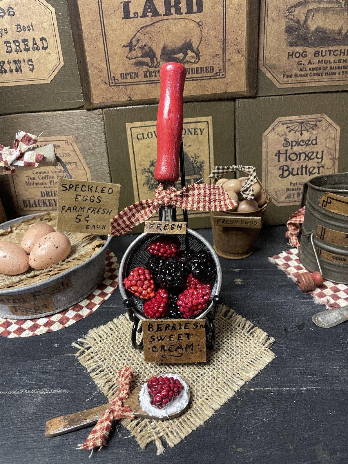 PRIMITIVE FARMHOUSE KITCHEN DECOR REPURPOSED SIFTER STRAINER BERRIES N CREAM