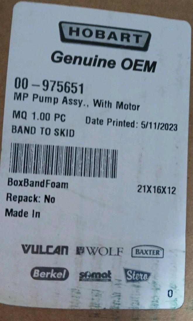 NEW Hobart Vulcan Somat 00-975651 MP Pump Assembly Motor 00-316233 SPC-75 HE-6