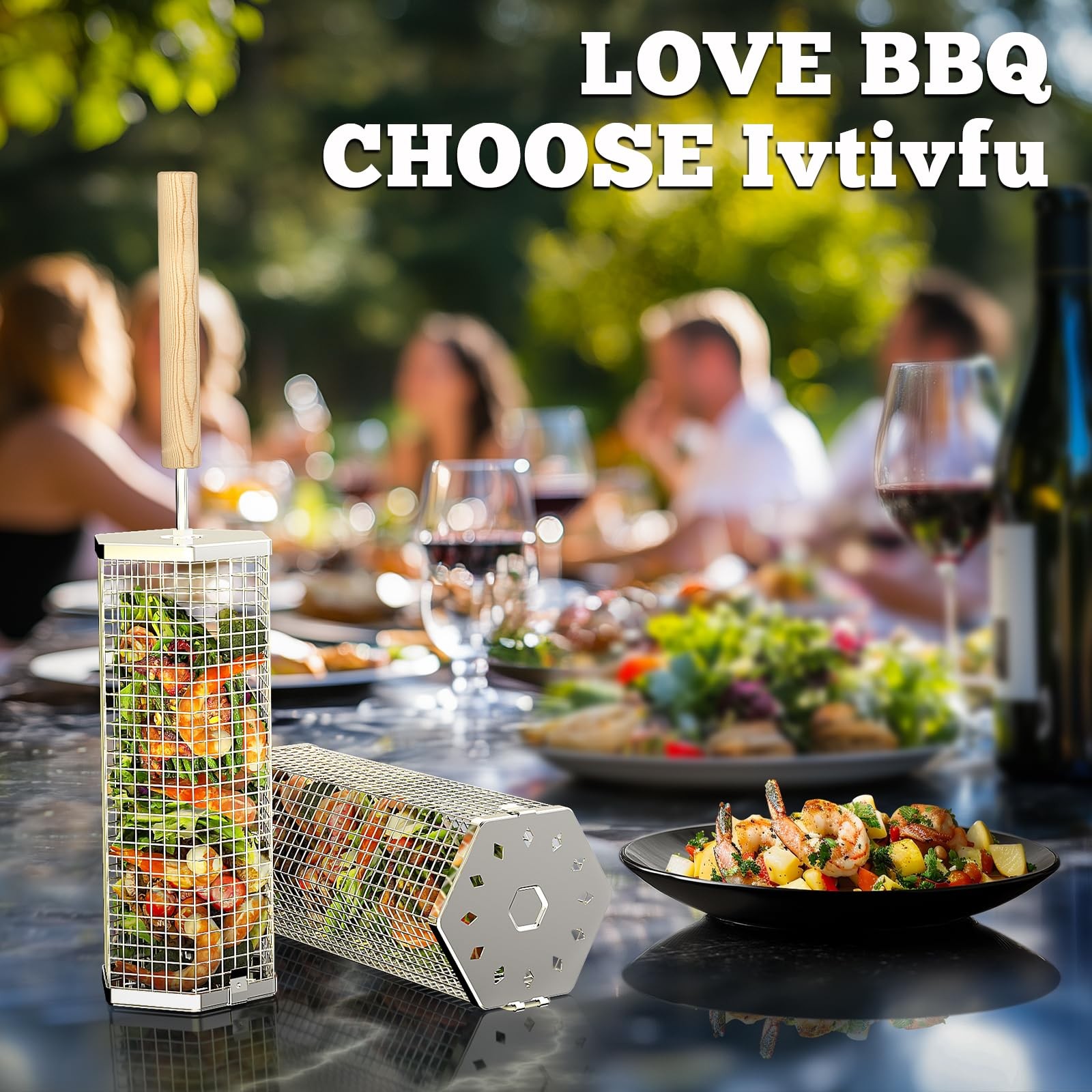 Ivtivfu Rolling Grill Basket Removable Wooden Handle 304 Stainless Steel