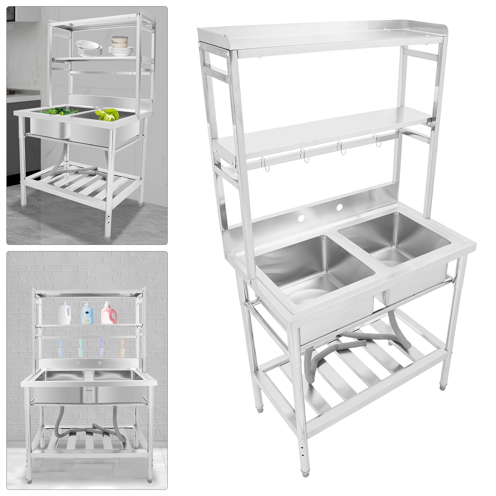 2 Compartment Sink Kitchen Rack Commercial Stainless Sink Free Standing Sink
