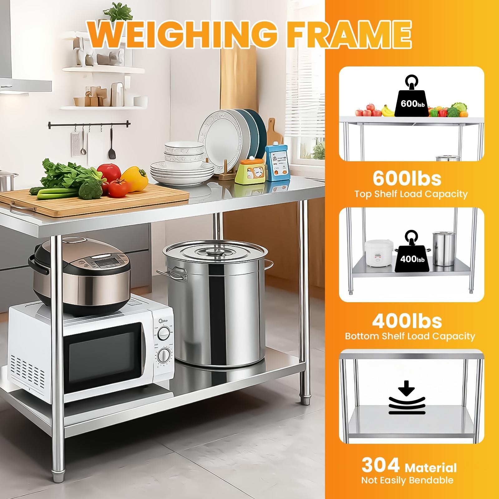 30″ x 48″ Stainless Steel Work Table, Heavy Duty Commercial Kitchen Prep Table