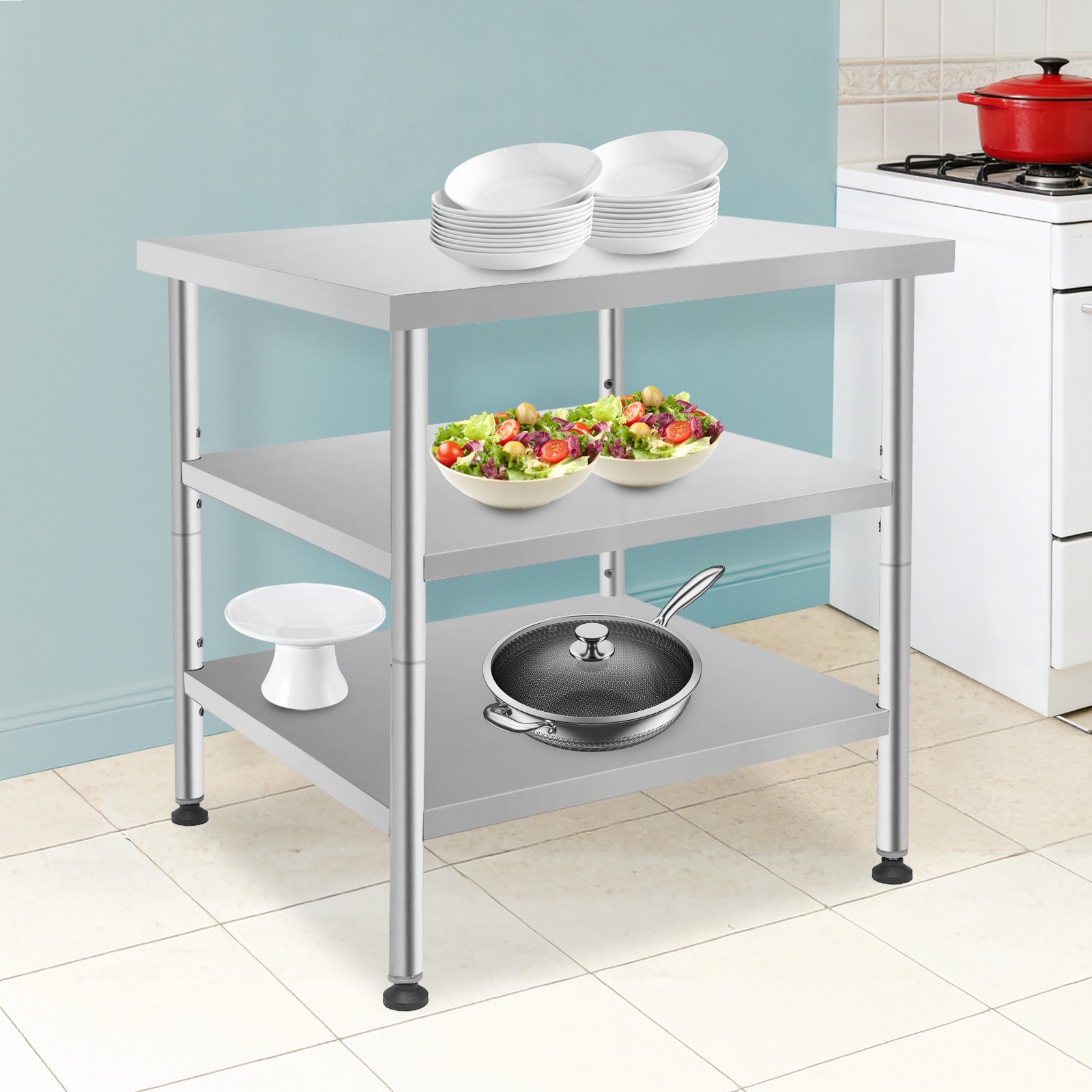 3 Tiers Garage Workbench, 30*30*35in Tool Bench, Silver Work Table With Casters