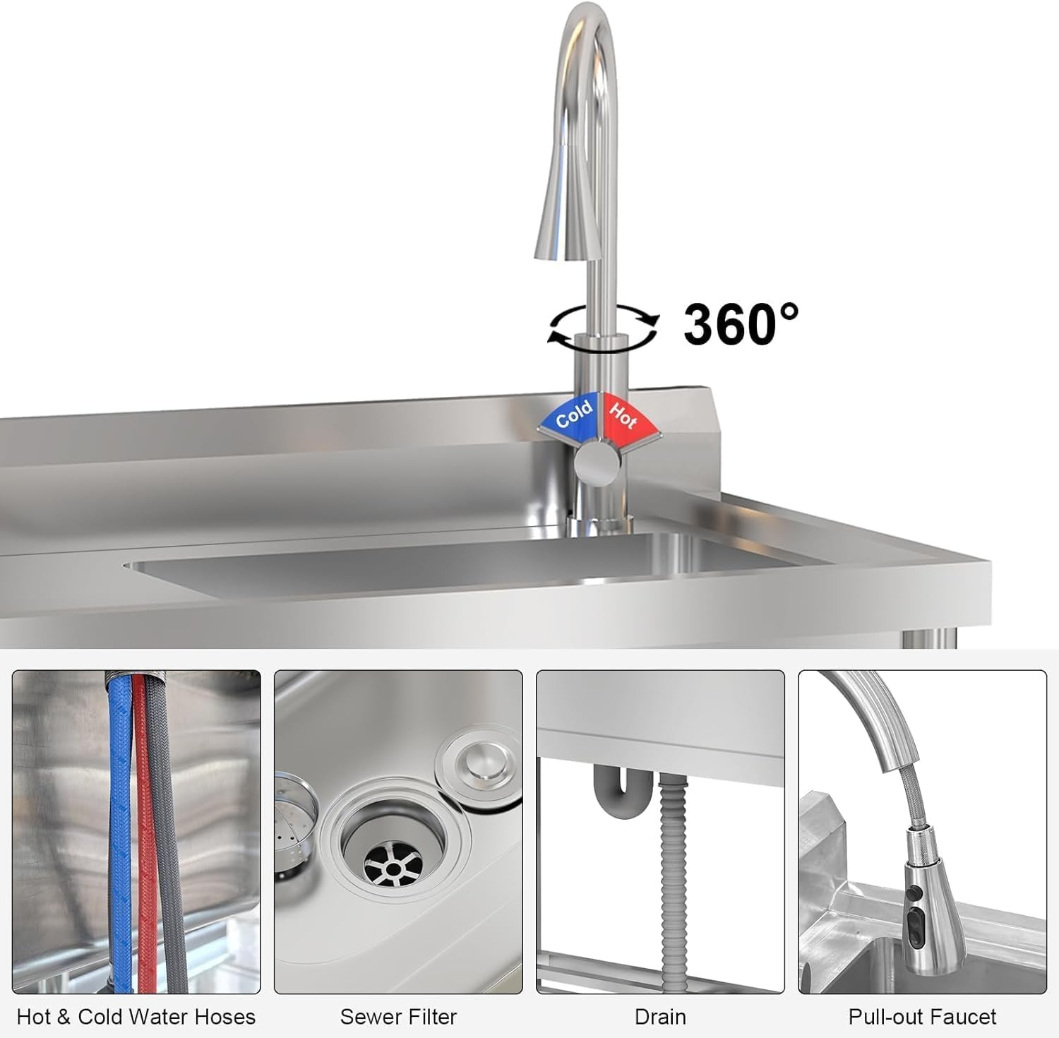 47″x37″x42.5″ Stainless Steel Utility Sink W/Hot & Cold Water Faucet,Garden Sink