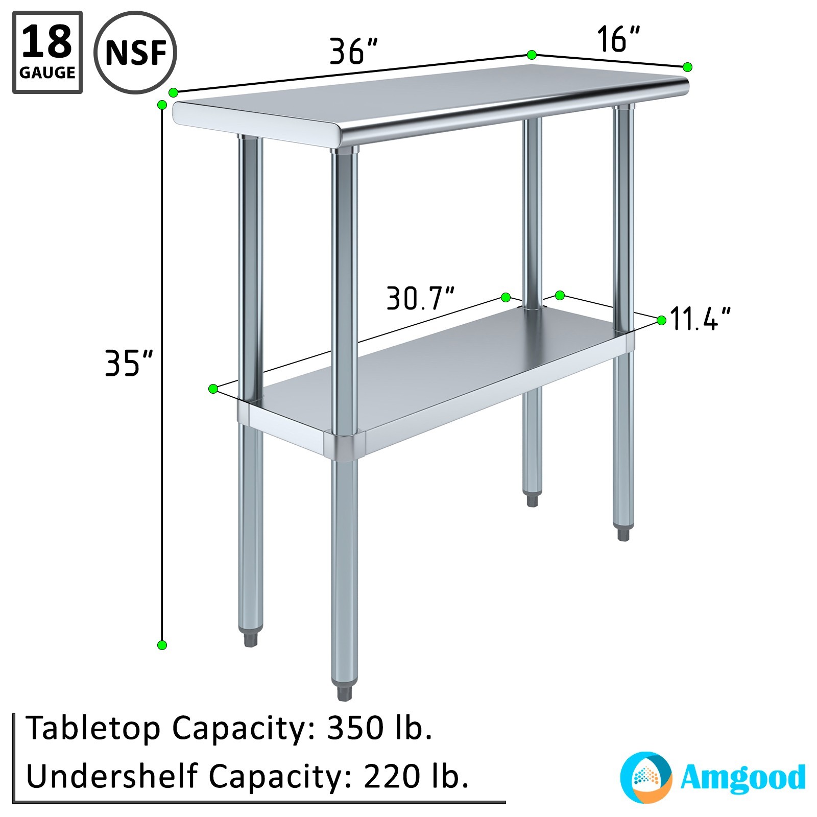 AmGood 16 in. x 36 in. Stainless Steel Table | Utility Kitchen Prep Work Table