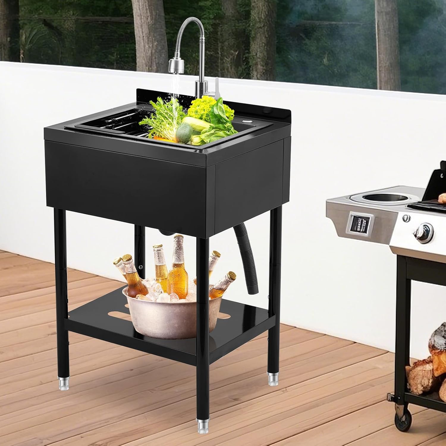 Black Adjustable Stainless Steel Utility Basin Single Bowl Freestanding w/Faucet