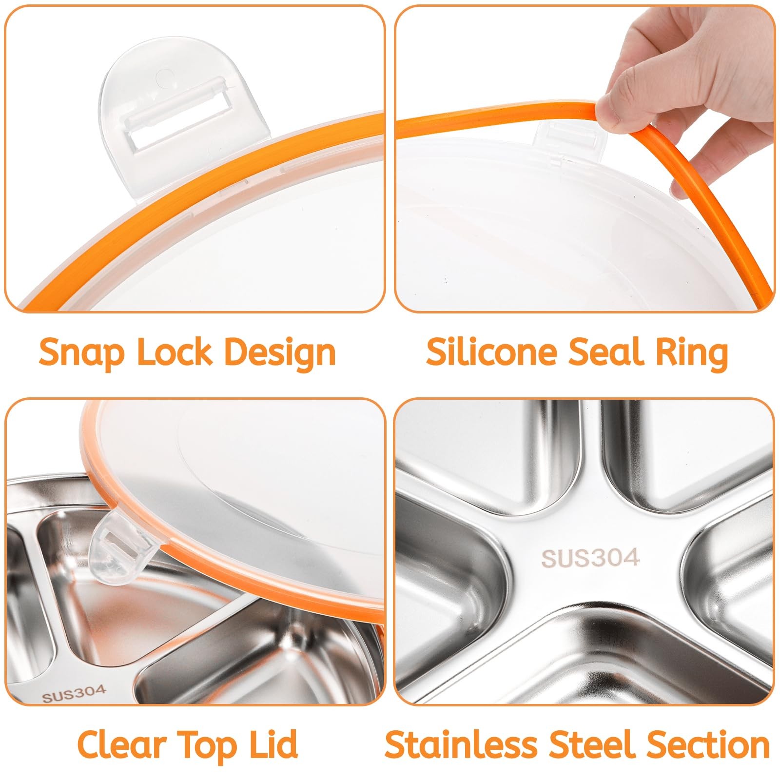 Youeon 2 Pack Stainless Steel Divided Serving Tray Lid 5 Compartments Round
