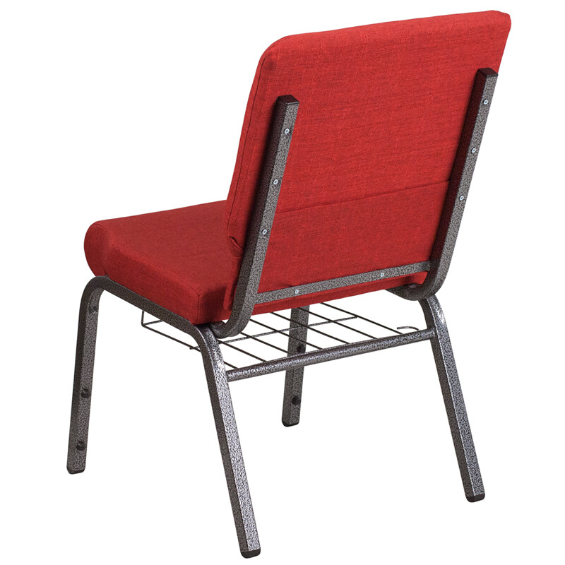 18.5» Wide Red Fabric Church Chair with Book Rack and Silver Vein Frame