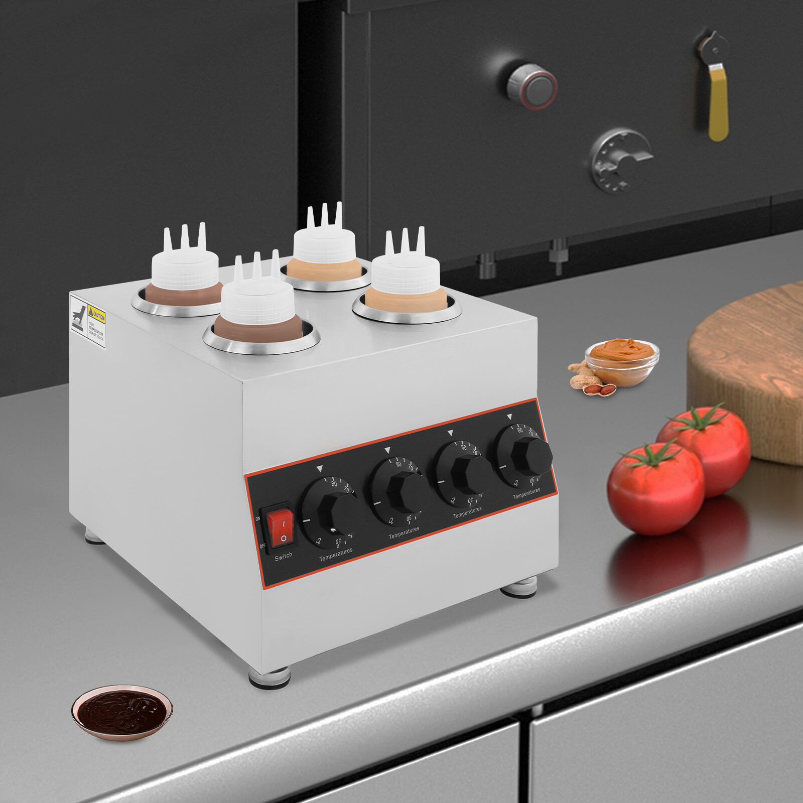 Stainless Steel Electric Sauce Warmer with 4 Pots & Adjustable Temperature