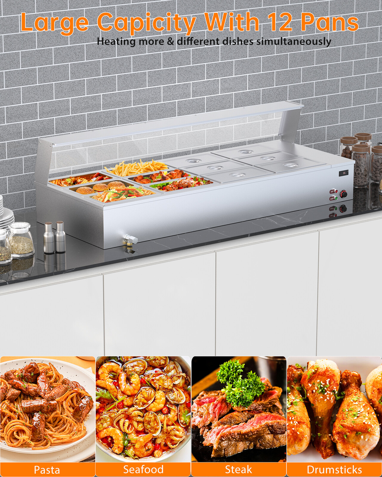 Commercial Food Warmer Steam Table w/Shield 96QT Buffet Restaurant 1500W