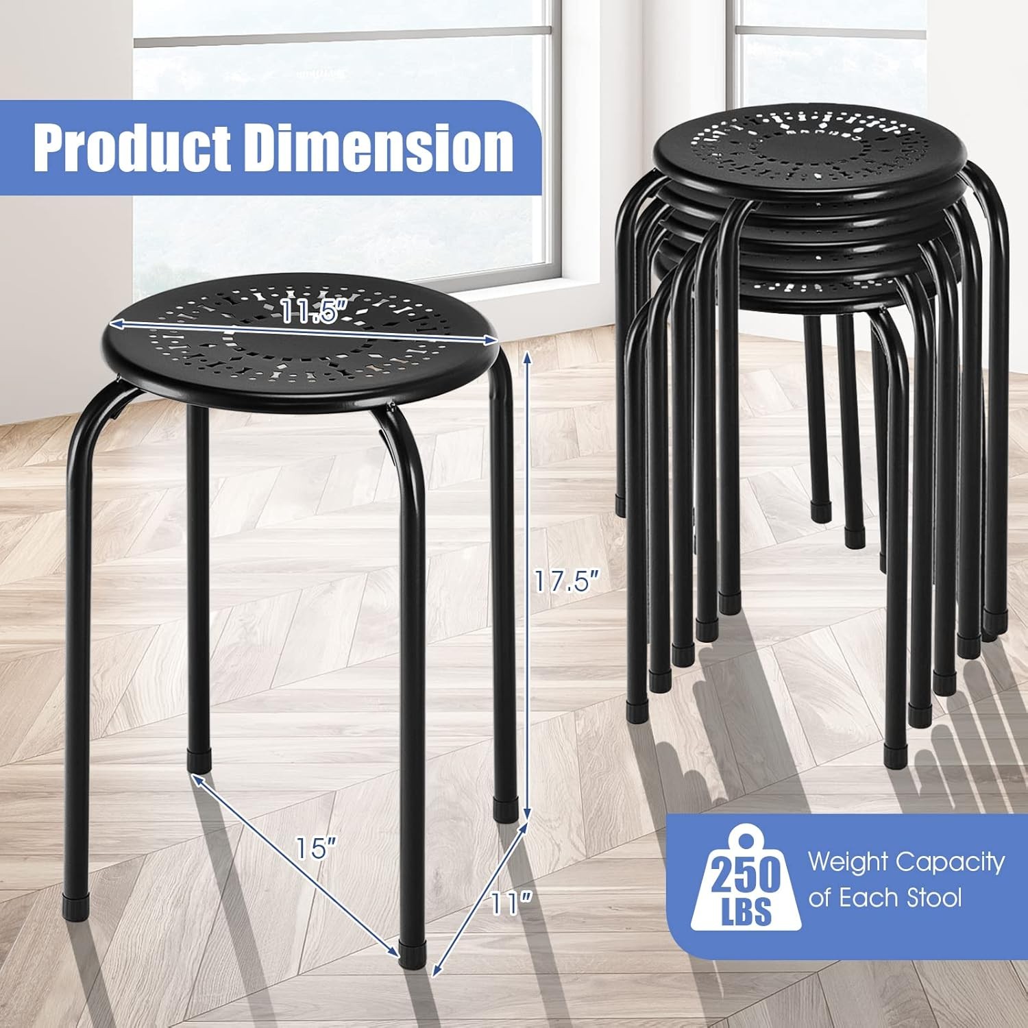 6-Pack Stackable Metal Stools, 17.5″ Round Backless, Black
