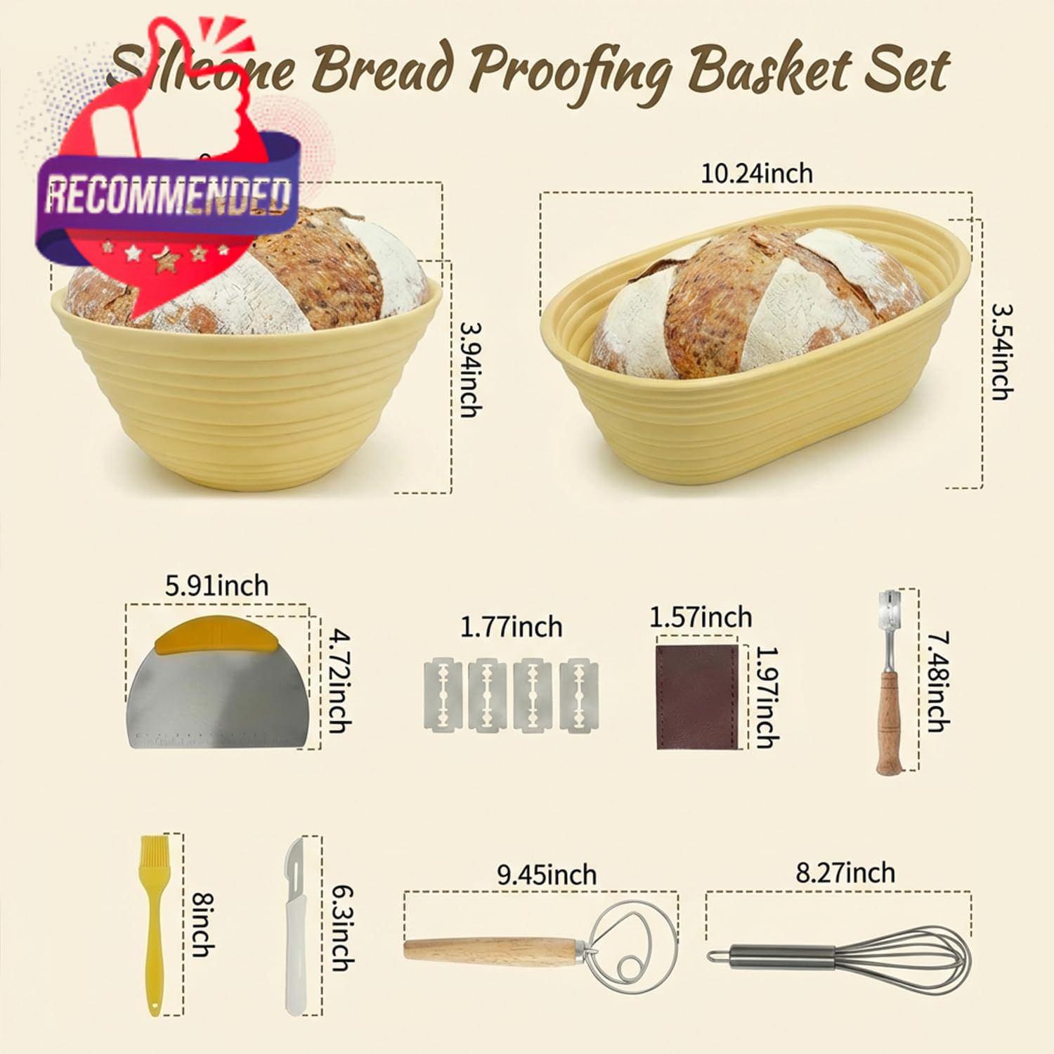 Silicone Bread Proofing Basket Set – 12-piece All-in-one Kit With Oval & Round