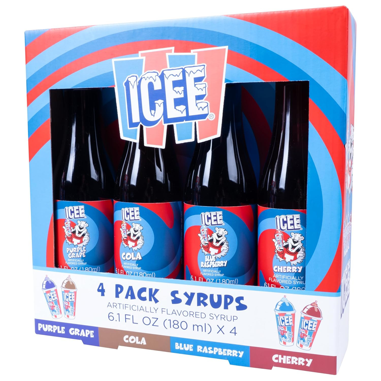 ICEE 4 Pack Slushie Syrup. Genuine ICEE Shaved Ice Snow Cone Syrups Including Pu