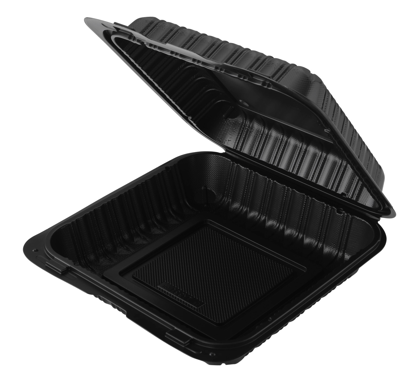 Hinged Container, Black, Vented, One Compartment, 9″ x 9″, 50pcs