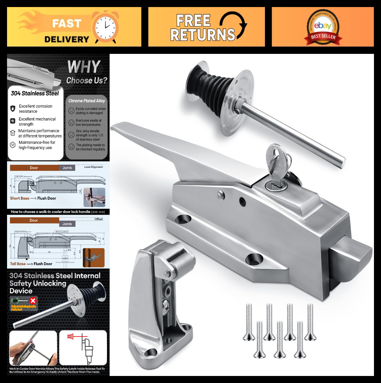 Stainless Steel Walk-In Cooler Latch Handle Kit, 5.9″ Freezer Door Release Handl