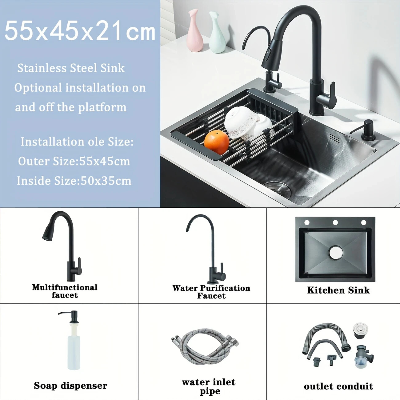 Stainless Steel 27″ Kitchen Sink Single Bowl Drop In Workstation Brushed Nickel