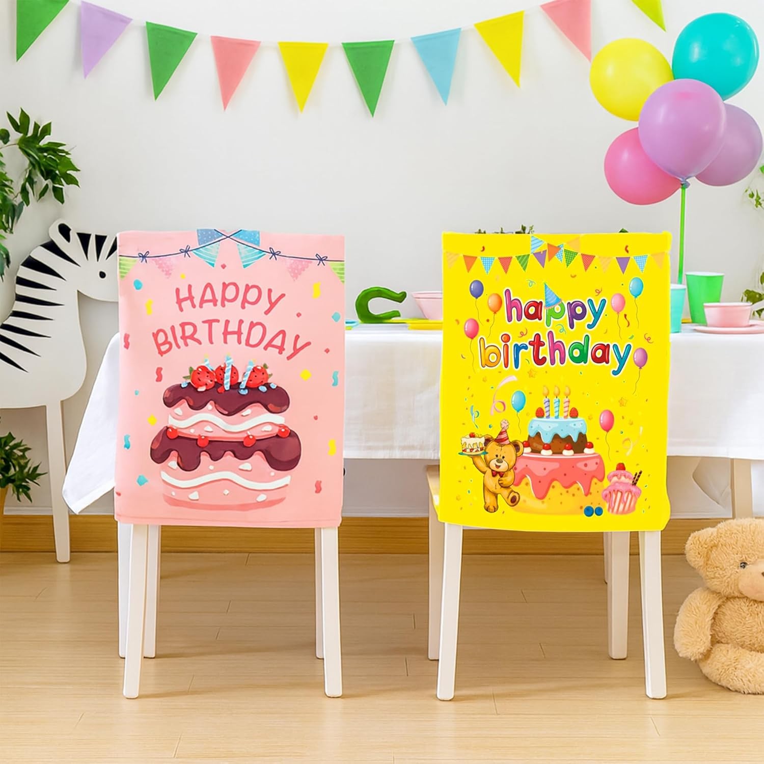2 Pack Birthday Chair Covers – Pink & Yellow Polyester Chair Back Covers for
