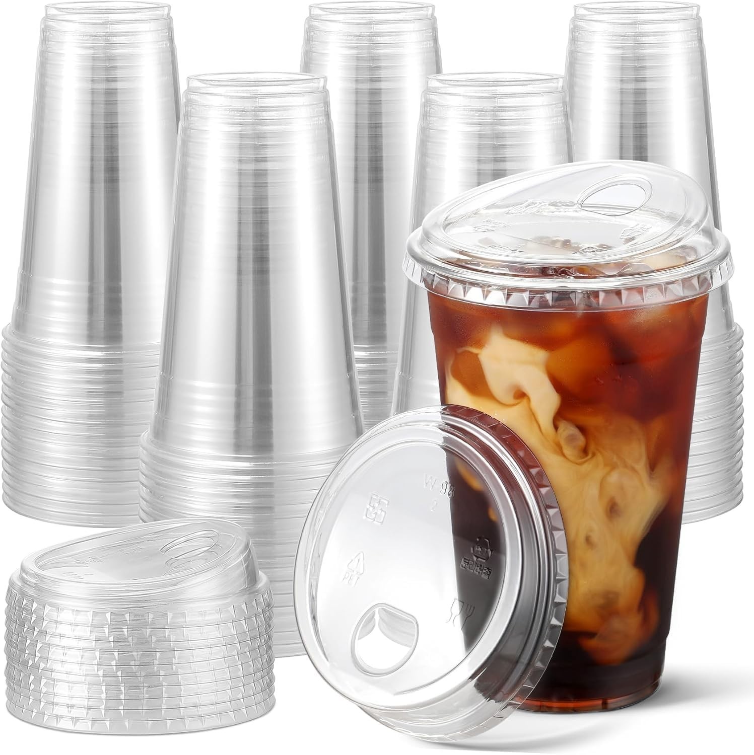 Plastic Cups 24 Oz. – 100 Sets Crystal Clear PlasticCups with Strawless Sip-Lids