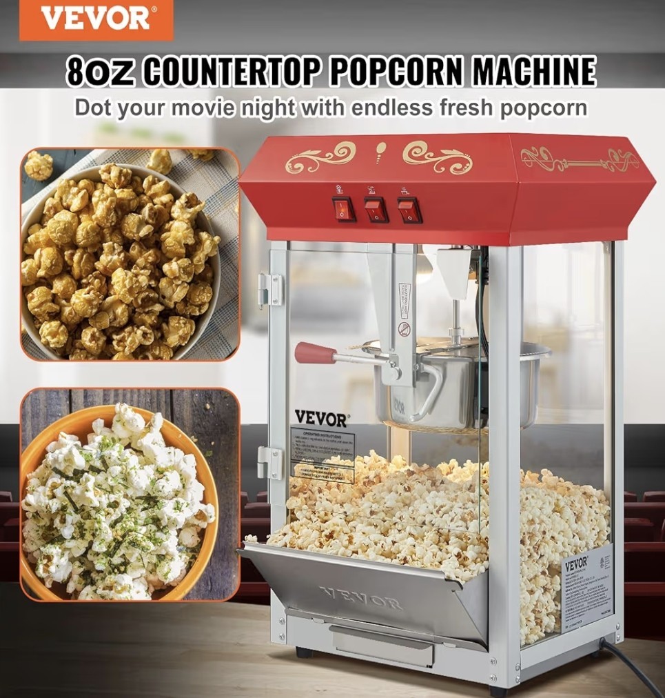 Luxury Commercial Popcorn Machine 850 W Countertop 48 Cups/Batch Theater Style