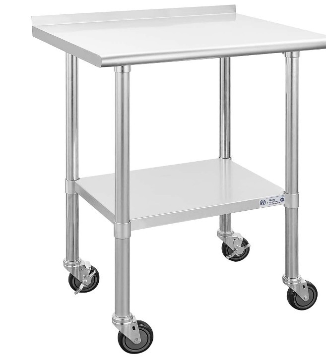 Stainless Steel Kitchen Restaurant Prep Work Table with 4 Wheels and Backsplash