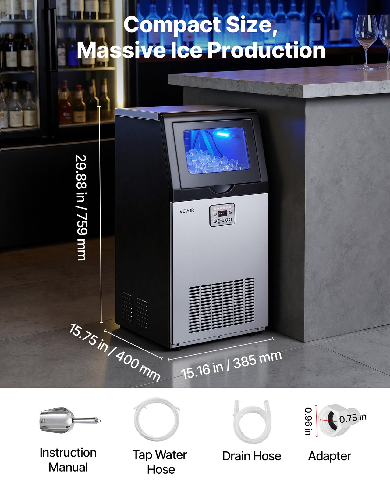 VEVOR Commercial Ice Maker 100 lbs/24h Ice Machine 30 lbs Storage Bar Restaurant